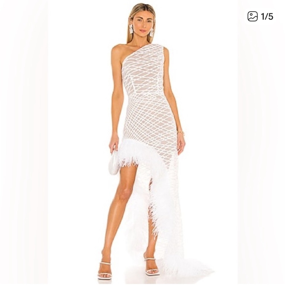Bronx and Banco One-Shoulder White Feather-Trim Asymmetric Dress
